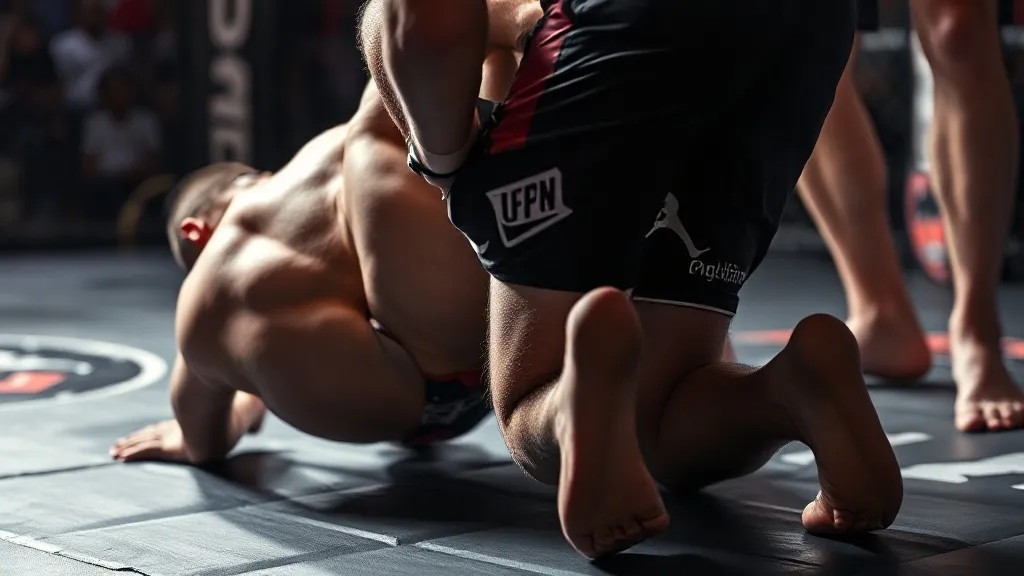 Lutador de MMA controlando as costas do adversário com hooks e grip de cinto de segurança no chão