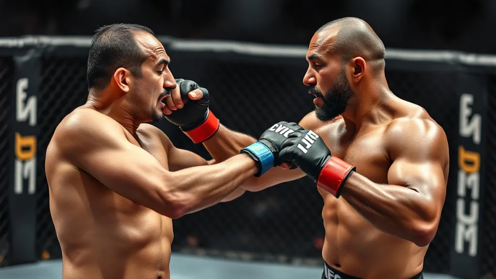 MMA fighter pressing opponent against octagon cage fence UFC