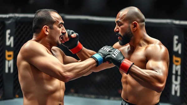 MMA fighter pressing opponent against octagon cage fence UFC