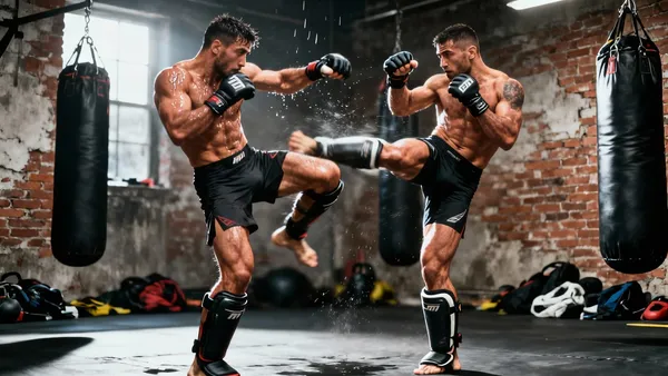 Lutadores de MMA treinando chutes baixos na academia