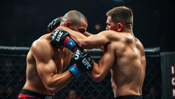 MMA fighters in clinch position UFC octagon wrestling striking