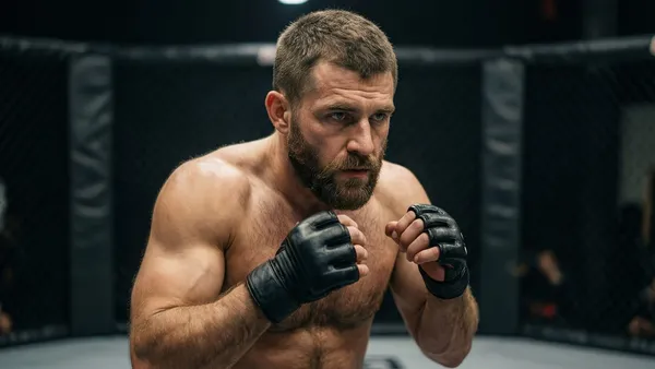 Lutador de MMA treinando em academia com octógono ao fundo
