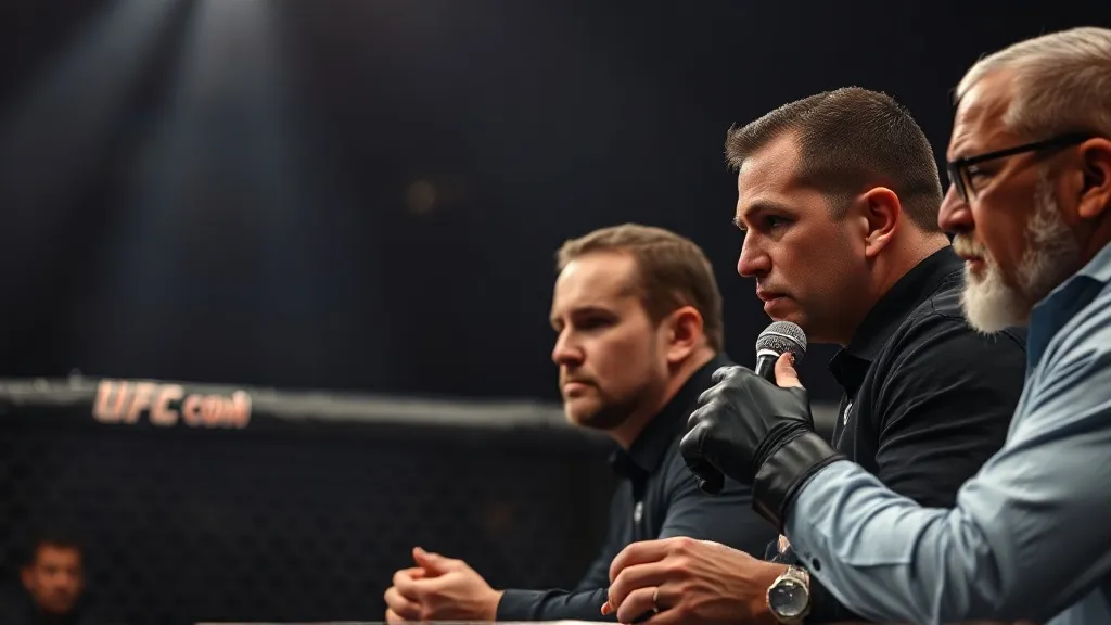 Juízes de MMA pontuando uma luta na beira do octógono sob a luz do evento