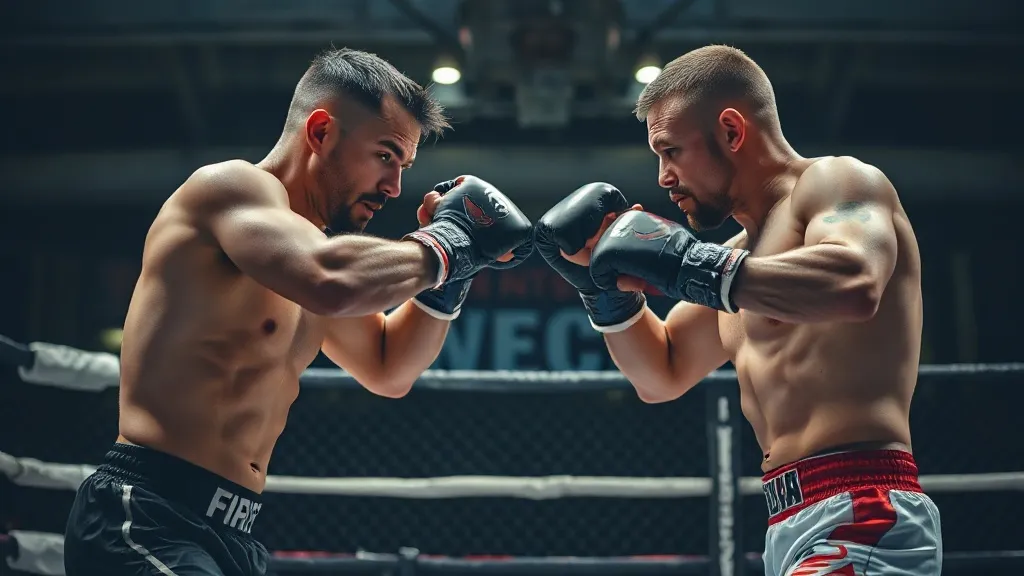 Lutador de MMA no octógono gerenciando distância contra o adversário