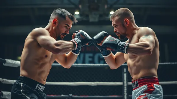 Lutador de MMA no octógono gerenciando distância contra o adversário
