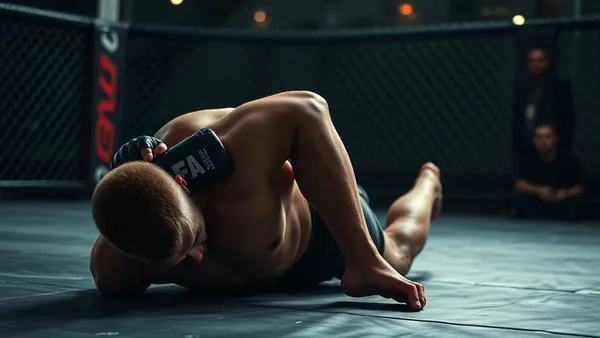 Lutadores de MMA no chão em posição de finalização no octógono