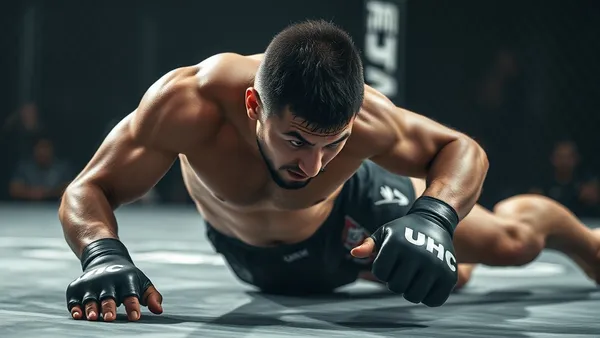 Lutador de MMA aplicando ground and pound no adversário no chão do octógono
