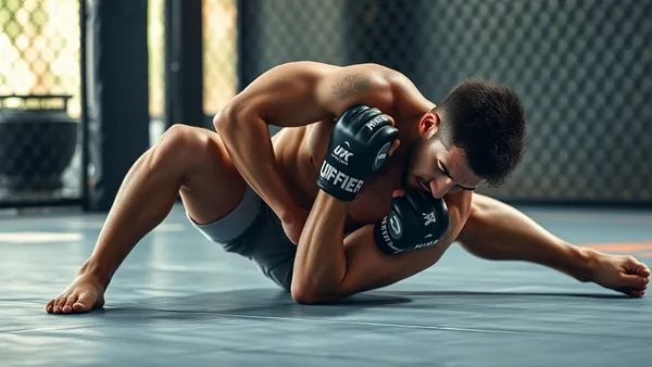 Lutador de MMA praticando passagem de guarda no chão em treino de grappling