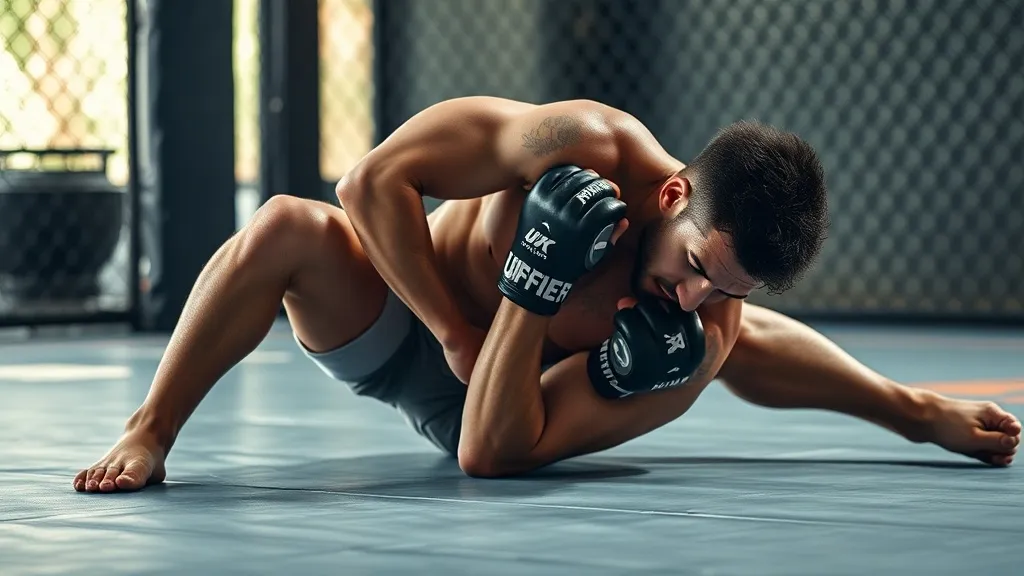 Lutador de MMA praticando passagem de guarda no chão em treino de grappling