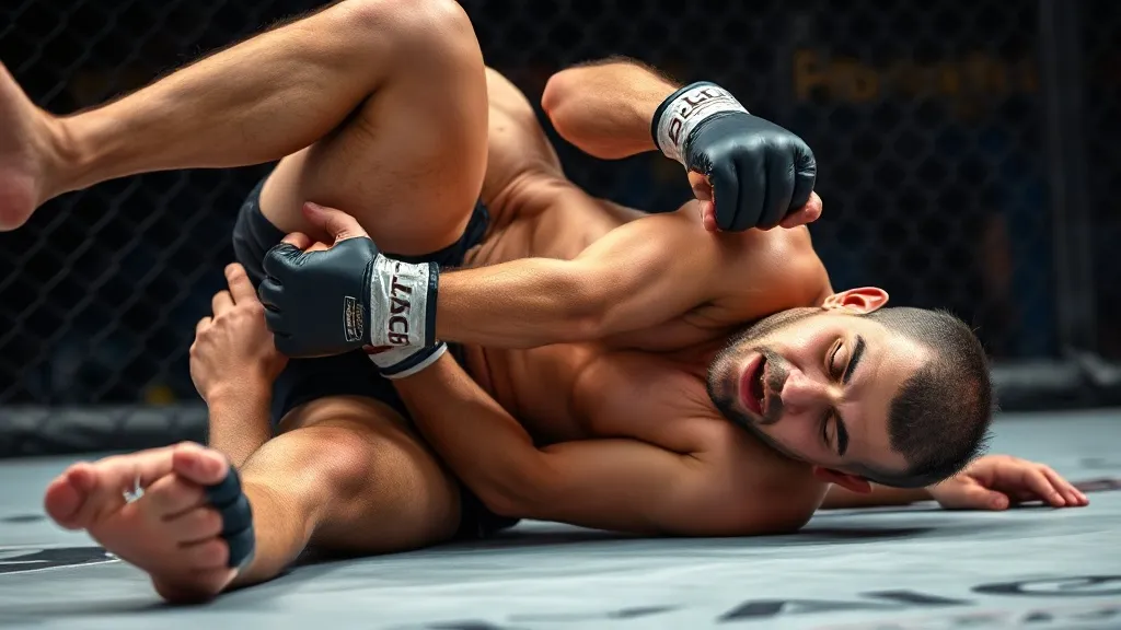 Lutador de MMA aplicando guilhotina no clinch dentro do octógono
