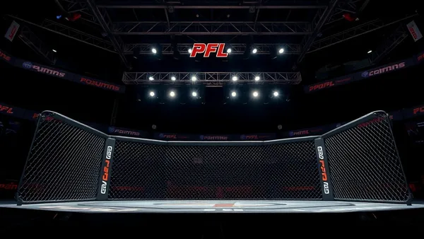 Ringue de MMA iluminado com lutadores em posição de combate