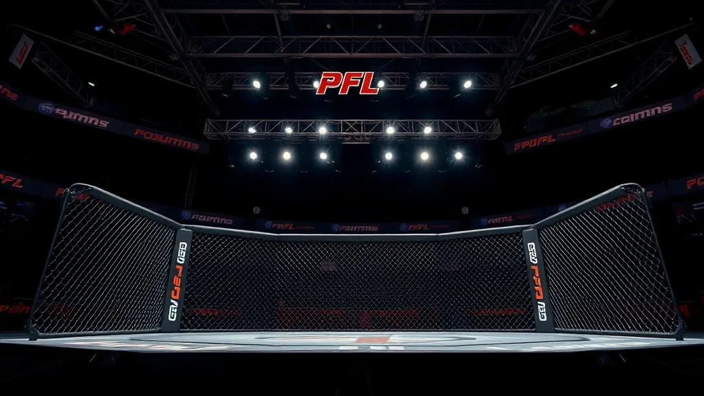 Ringue de MMA iluminado com lutadores em posição de combate