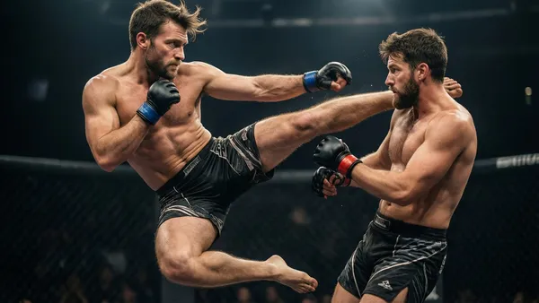 Lutador de MMA no ar aplicando uma joelhada voadora contra o adversário no octógono