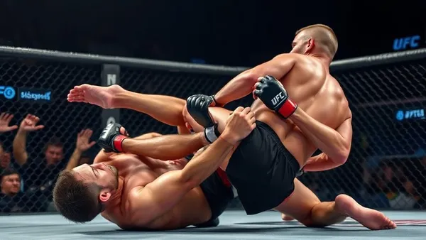 Lutador de MMA aplicando rear naked choke nas costas do adversário no octógono