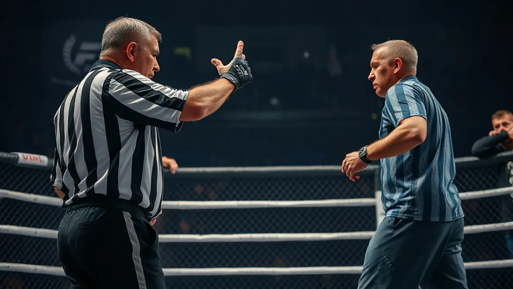 Árbitro de MMA intervindo para parar uma luta no octógono do UFC