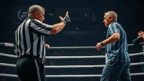 Árbitro de MMA intervindo para parar uma luta no octógono do UFC