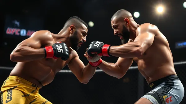 Octógono de MMA iluminado com dois árbitros em posição de luta