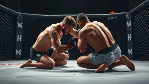 Dois lutadores de MMA disputando posição de chão no octógono