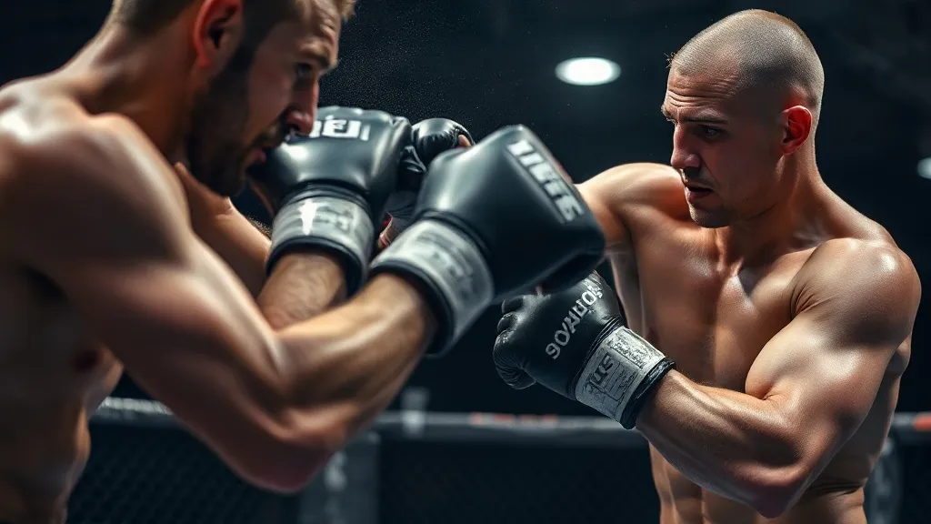 Dois lutadores de MMA no octógono em posição de combate, um avançando e o outro aguardando