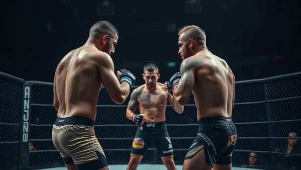 Lutadores de MMA no octógono durante intervalo entre rounds com os córneres ao fundo