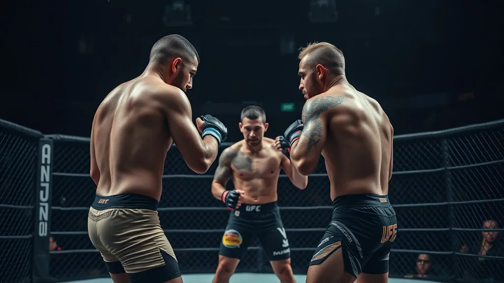 Lutadores de MMA no octógono durante intervalo entre rounds com os córneres ao fundo