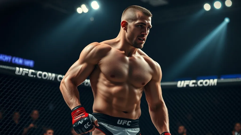 Lutador de MMA no octógono em posição de combate, iluminação dramática