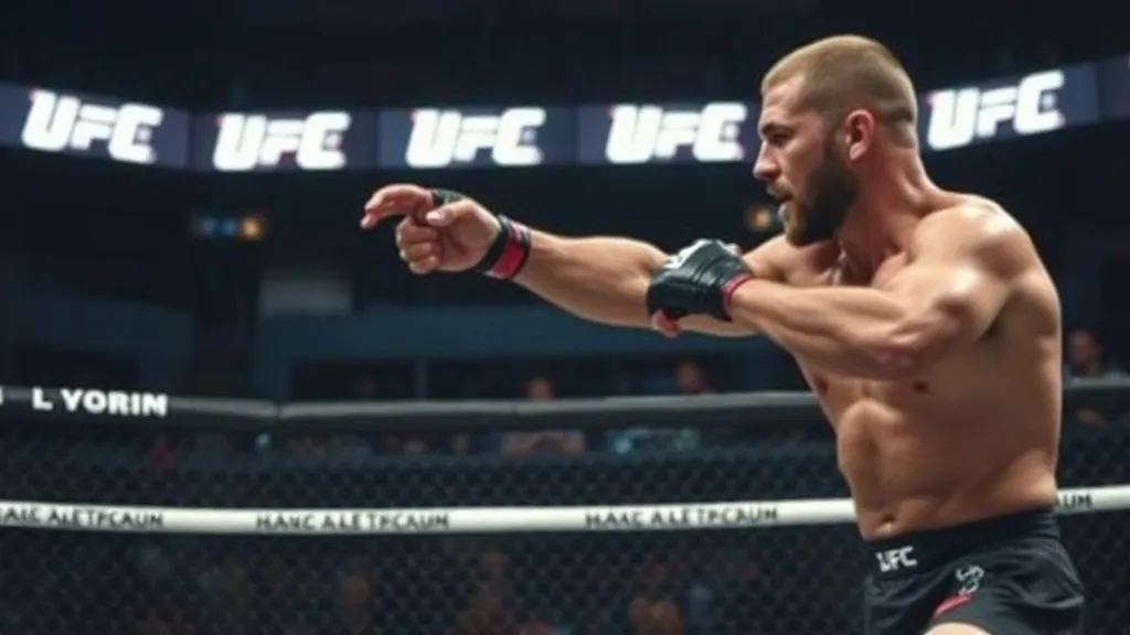 Lutador de MMA com braço longo aplicando jab à distância dentro do octógono do UFC