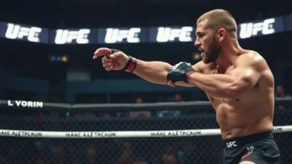 Lutador de MMA com braço longo aplicando jab à distância dentro do octógono do UFC