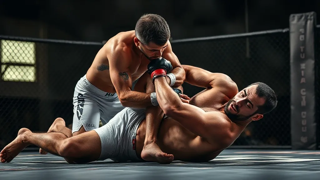 Octógono do UFC visto de cima, com dois lutadores no chão em disputa de posição