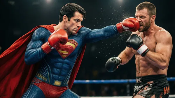 Lutador de MMA aplicando um soco saltado com a perna de trás levantada, estilo superman punch