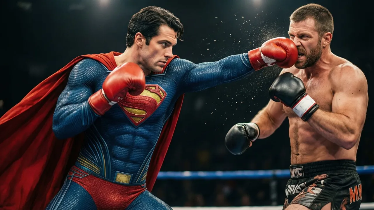 Lutador de MMA aplicando um soco saltado com a perna de trás levantada, estilo superman punch