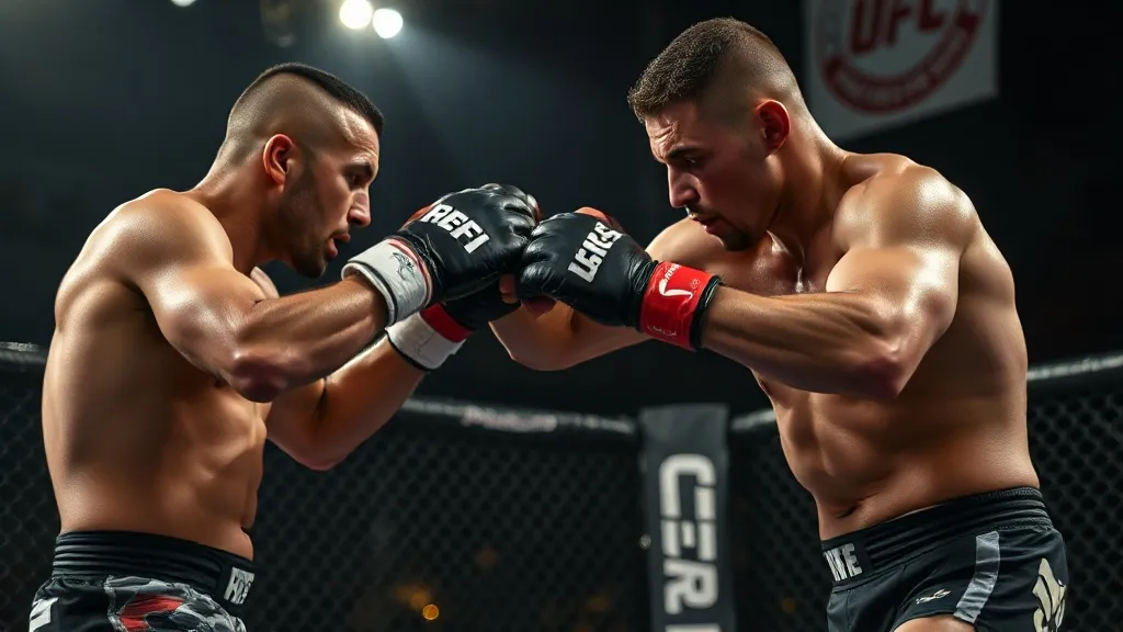 Lutador de MMA em guarda canhota (southpaw) golpeando dentro do octógono