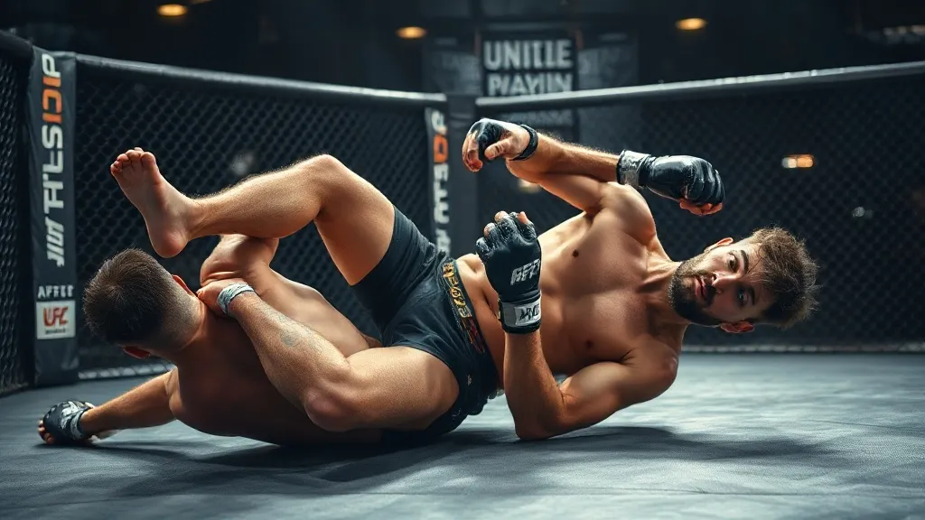 Lutador de MMA jogando o quadril para baixo em um sprawl para defender uma queda no octógono