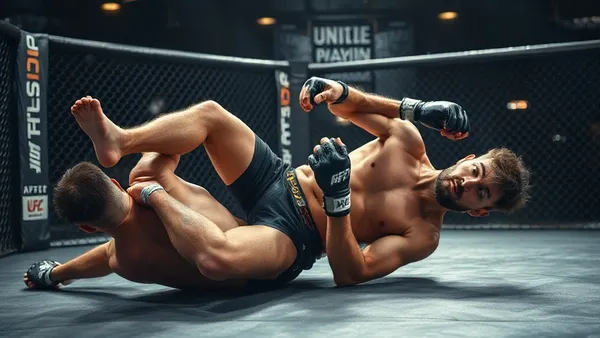 Lutador de MMA jogando o quadril para baixo em um sprawl para defender uma queda no octógono