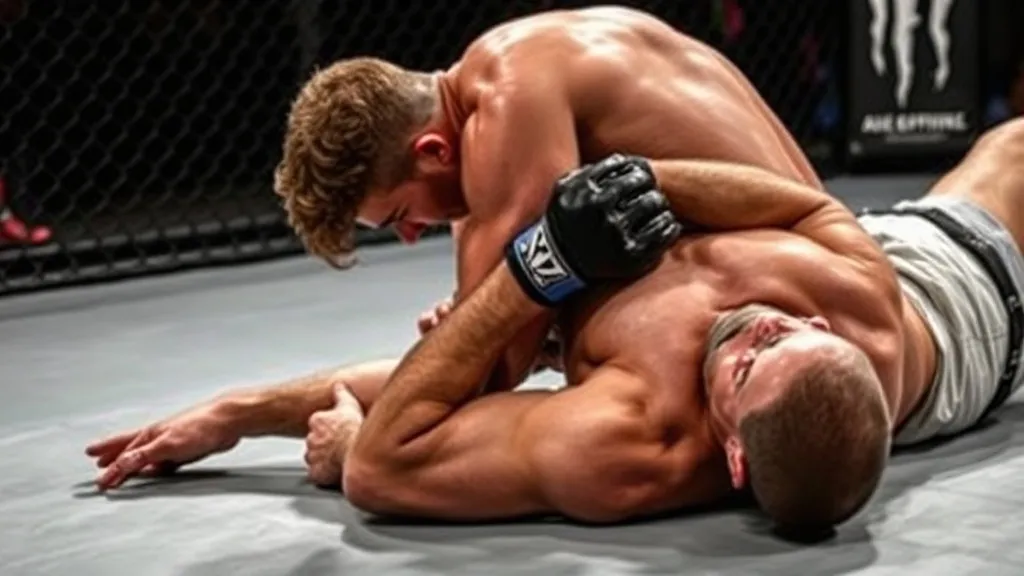 Lutador de MMA aplicando triângulo com as pernas no adversário no chão do octógono