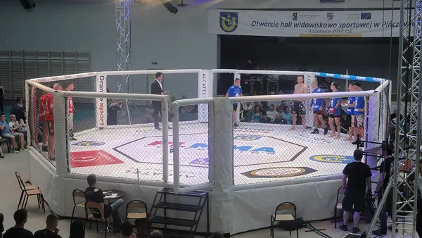 Octógono do UFC visto de baixo durante apresentação de luta