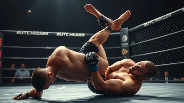 Lutador de MMA aplicando queda de wrestling no octógono com controle total