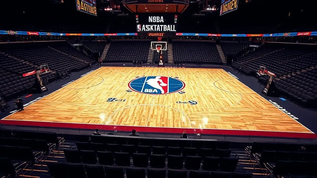 Quadra de basquete NBA vazia e iluminada representando a estrutura de contratos da liga