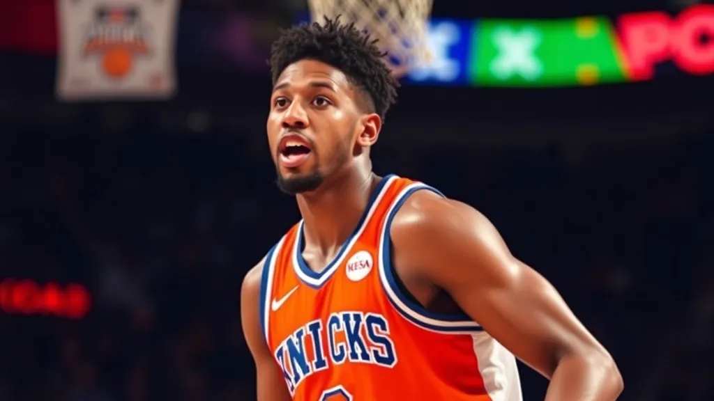 Quadra de basquete com torcida do Madison Square Garden em pé durante jogo de playoffs