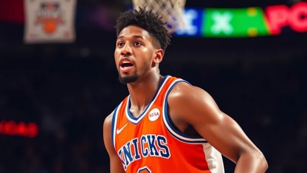 Quadra de basquete com torcida do Madison Square Garden em pé durante jogo de playoffs
