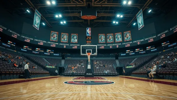 Quadra de basquete da NBA iluminada representando o sistema financeiro da liga