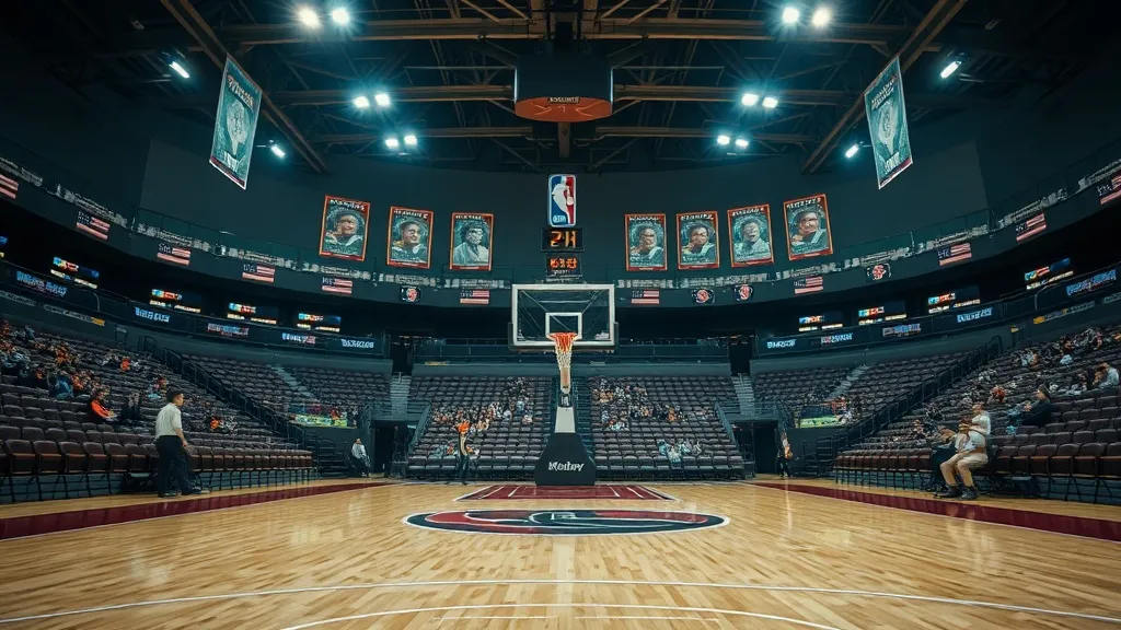 Quadra de basquete da NBA iluminada representando o sistema financeiro da liga