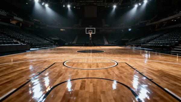 Quadra de basquete vazia iluminada pelos refletores