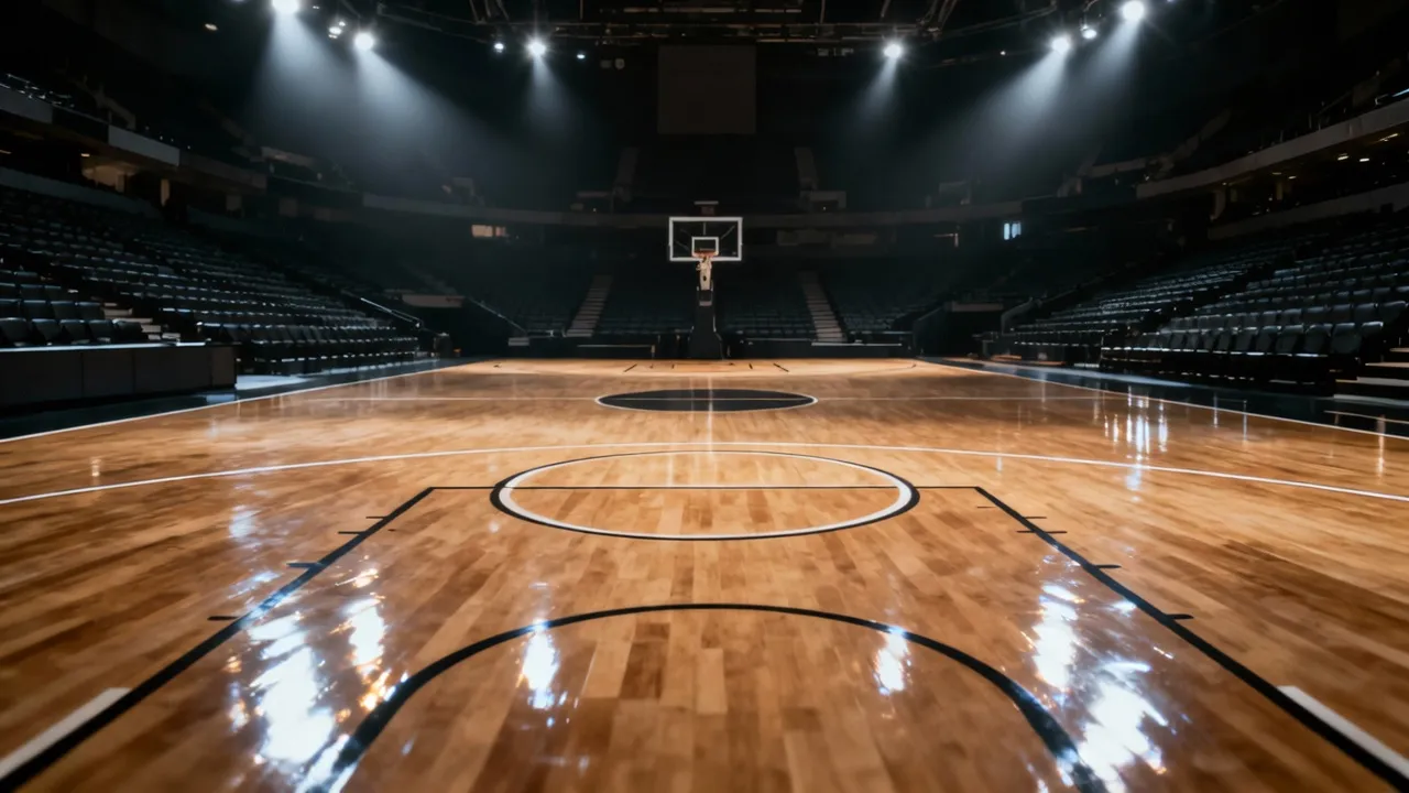 Quadra de basquete vazia iluminada pelos refletores