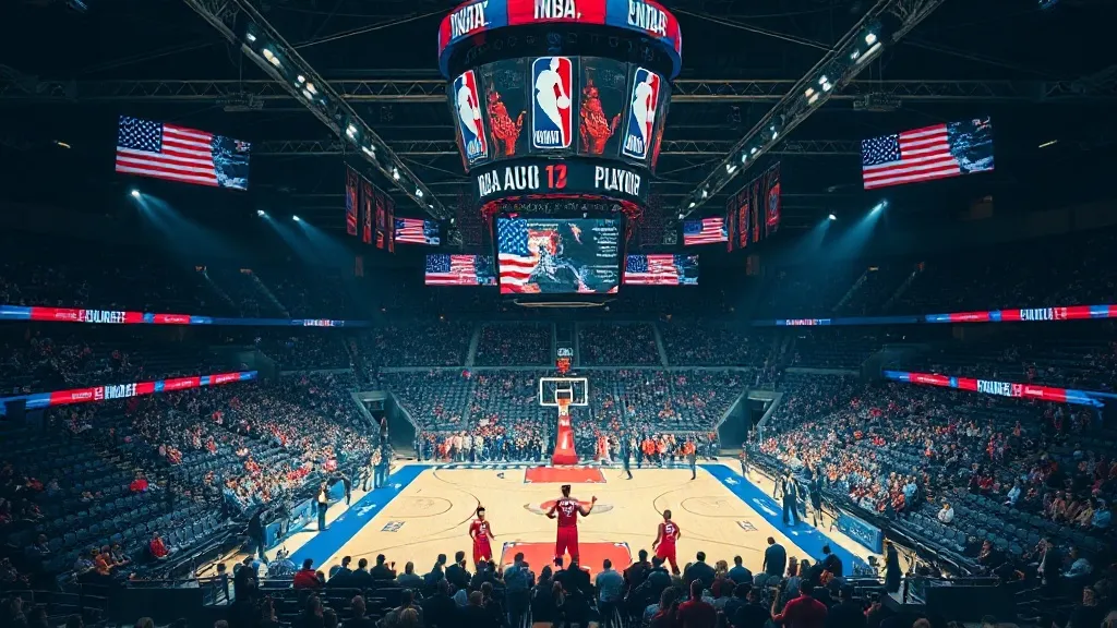 NBA basketball playoff arena com torcida iluminada representando o play-in tournament