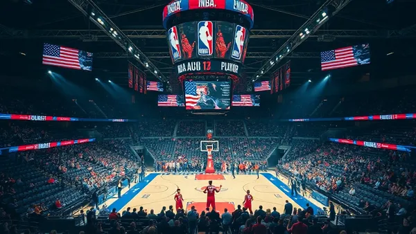 NBA basketball playoff arena com torcida iluminada representando o play-in tournament