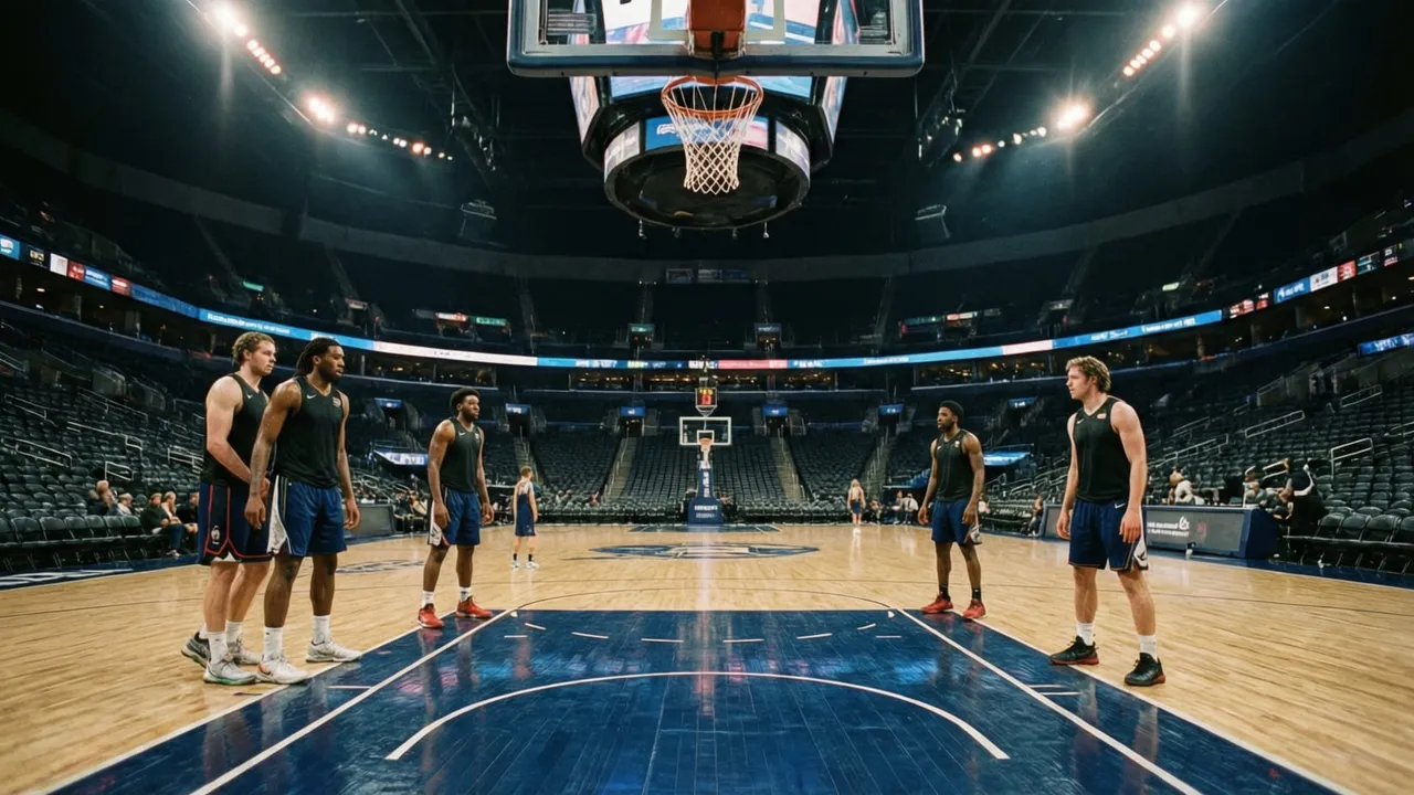 Jogadores de basquete aquecendo em ginásio durante jogo de pré-temporada