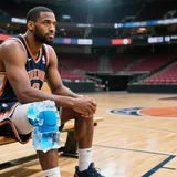 Jogador de basquete sentado no banco com gelo no joelho em ginásio vazio