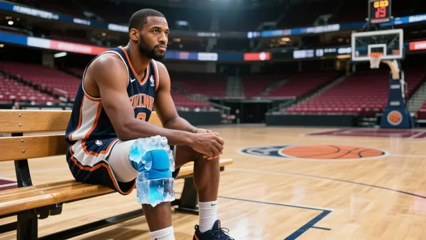 Jogador de basquete sentado no banco com gelo no joelho em ginásio vazio