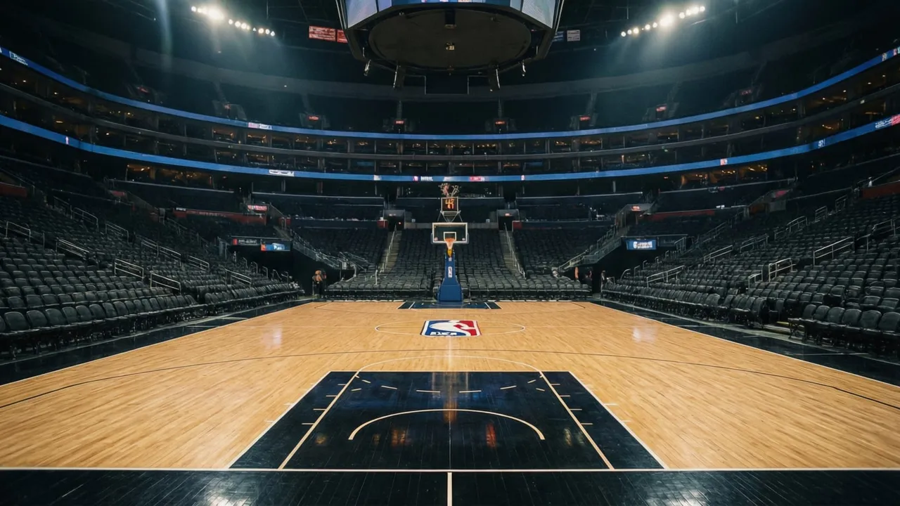 Quadra de basquete NBA vazia representando bastidores de contratos e trocas da liga